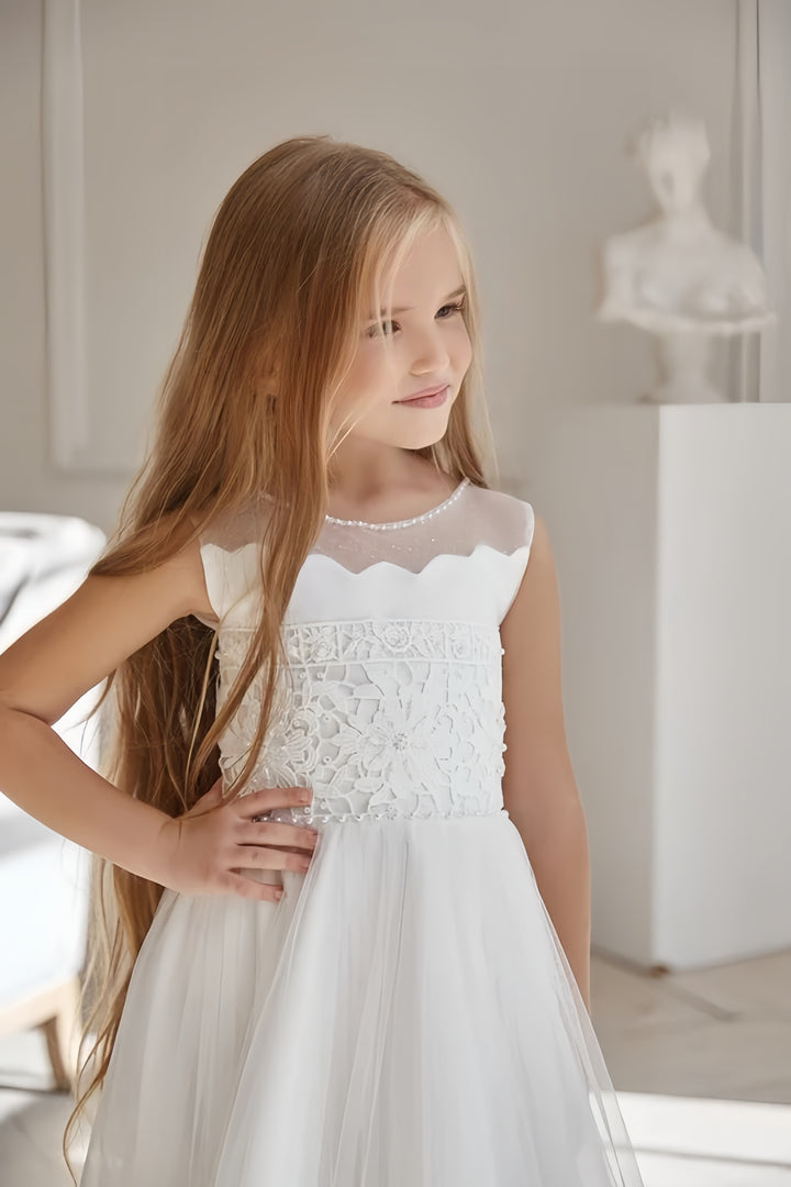 TinyTulle Elegant Ivory Sleeveless Lace A-Line Floor-Length Flower Girl Dress