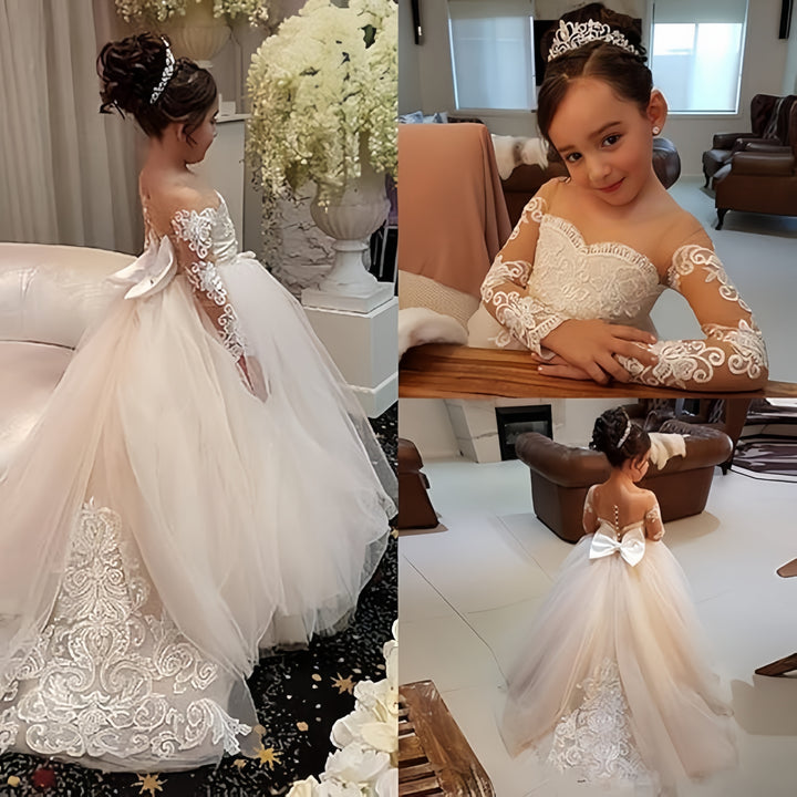 TinyTulle White Lace Long Sleeves Flower Girl Dresses for Wedding