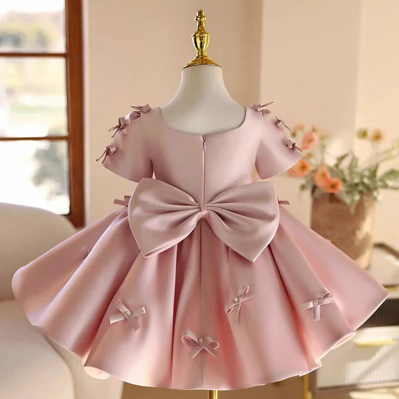 TinyTulle Elegant Pink Satin Flower Girl Dress with Bow for Weddings &amp; Birthdays