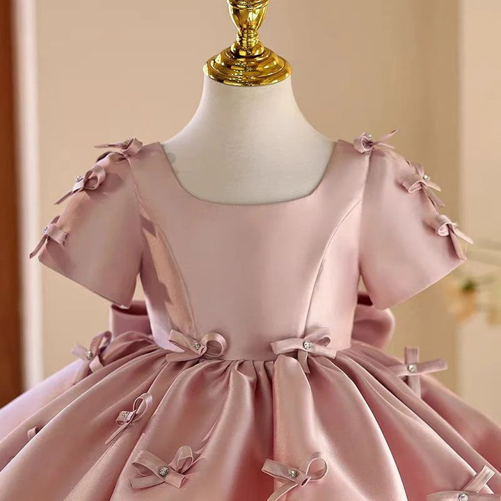 TinyTulle Elegant Pink Satin Flower Girl Dress with Bow for Weddings &amp; Birthdays