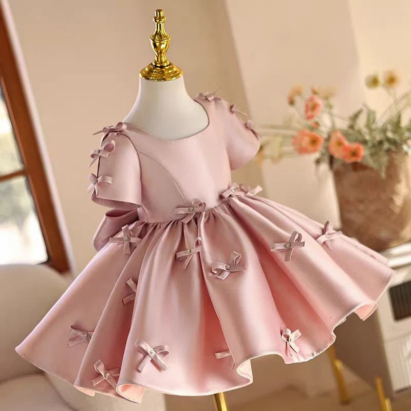 TinyTulle Elegant Pink Satin Flower Girl Dress with Bow for Weddings &amp; Birthdays