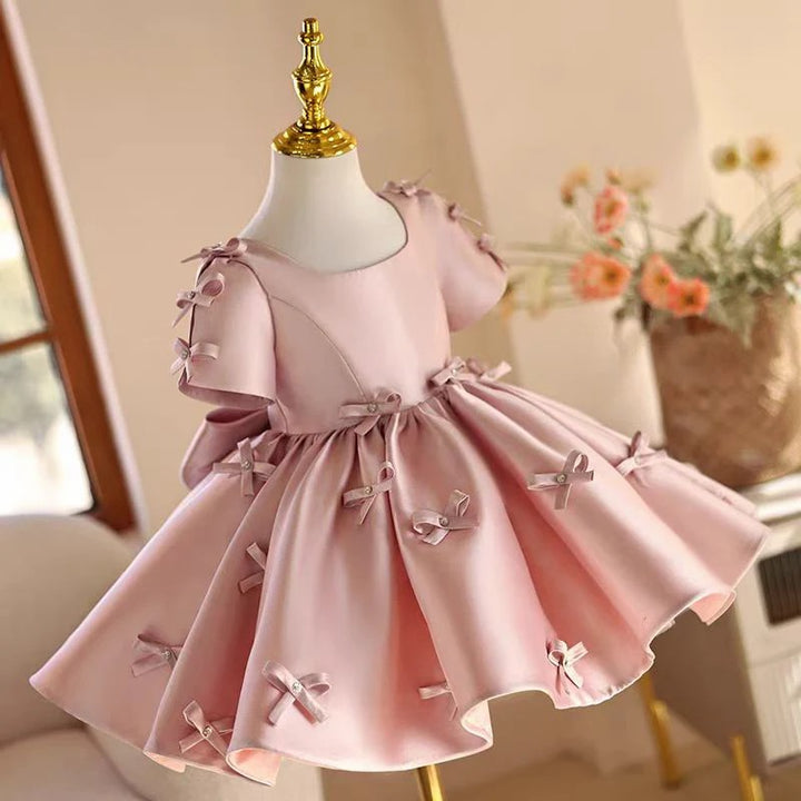 TinyTulle Elegant Pink Satin Flower Girl Dress with Bow for Weddings &amp; Birthdays
