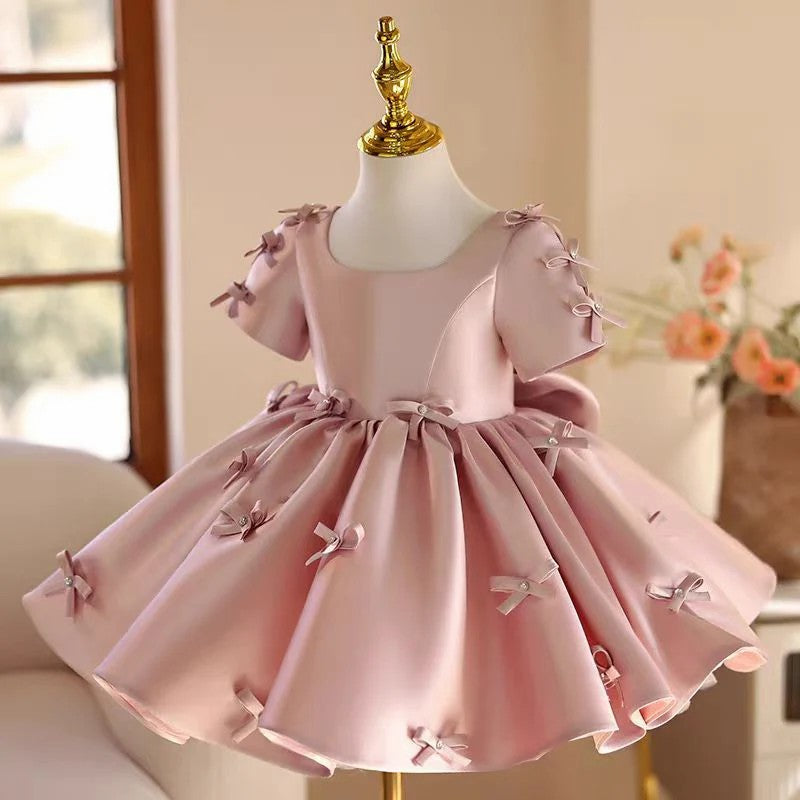 TinyTulle Elegant Pink Satin Flower Girl Dress with Bow for Weddings &amp; Birthdays