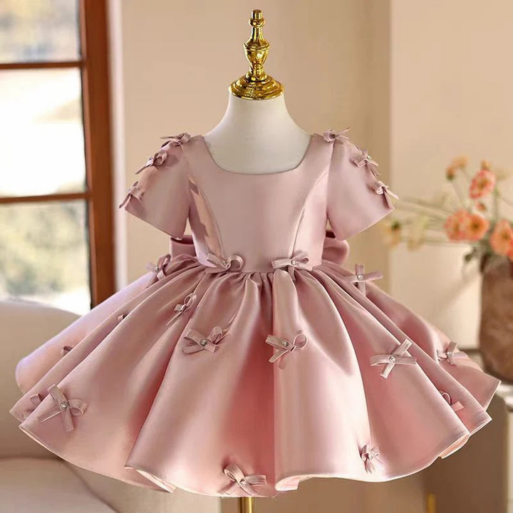 TinyTulle Elegant Pink Satin Flower Girl Dress with Bow for Weddings &amp; Birthdays