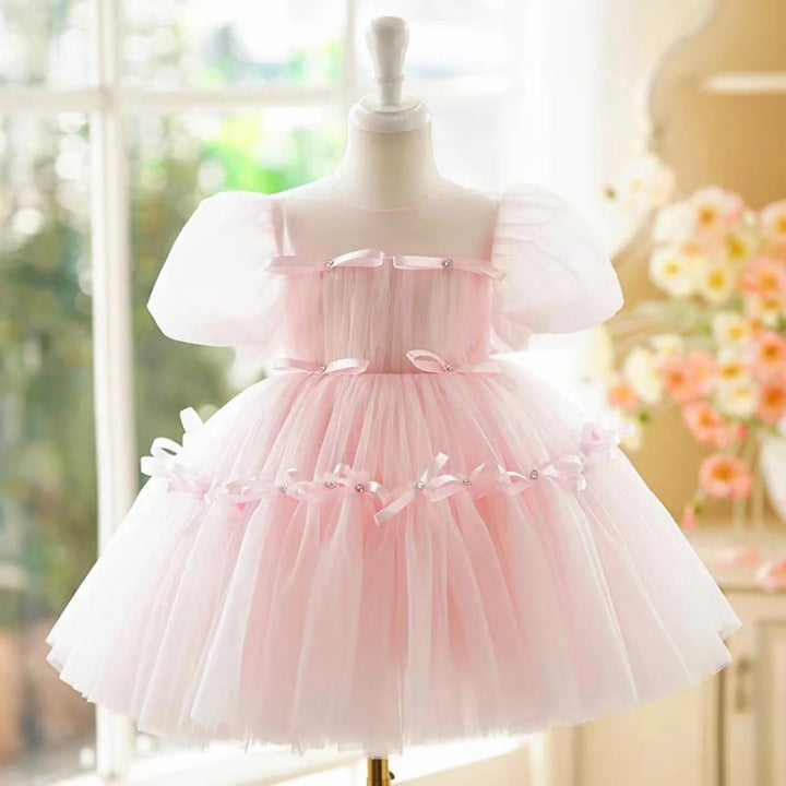 TinyTulle Sage Puff Sleeve Tulle Knee-Length Flower Girl Dress with Bow