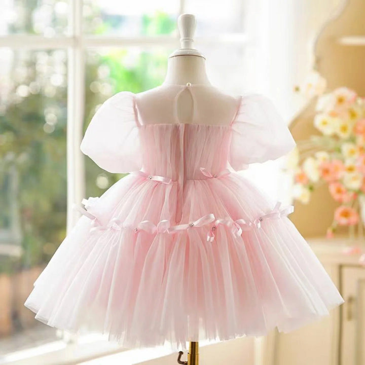 TinyTulle Sage Puff Sleeve Tulle Knee-Length Flower Girl Dress with Bow
