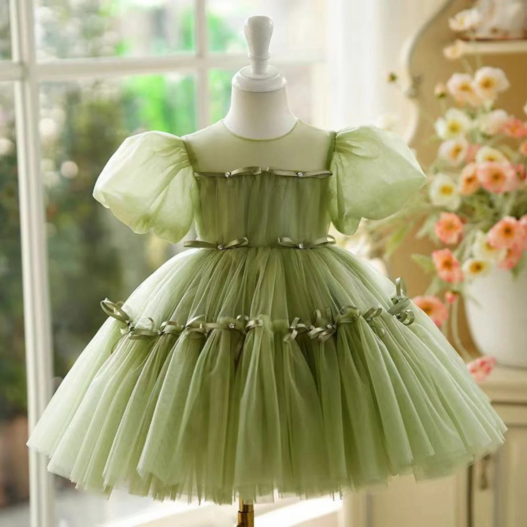 TinyTulle Sage Puff Sleeve Tulle Knee-Length Flower Girl Dress with Bow