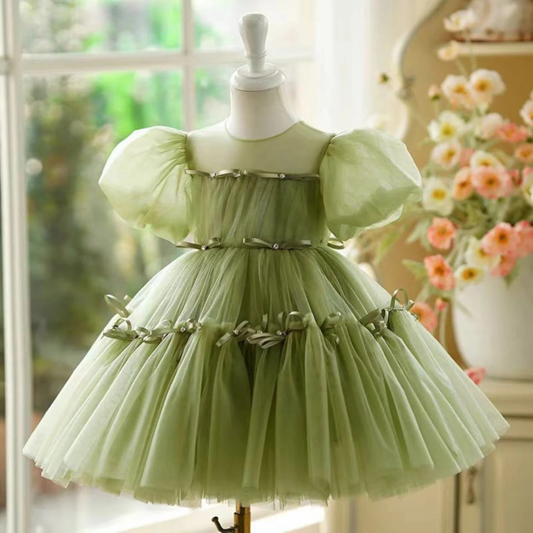 TinyTulle Sage Puff Sleeve Tulle Knee-Length Flower Girl Dress with Bow
