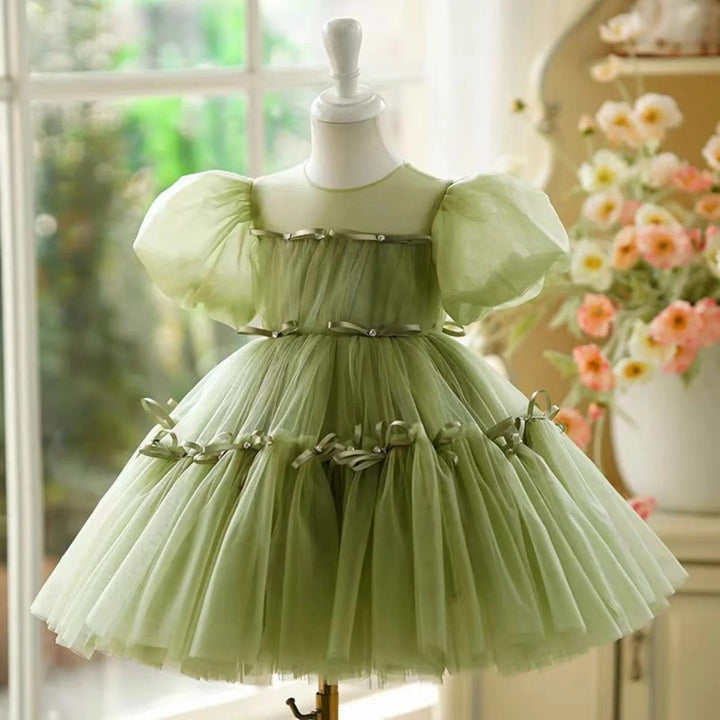 TinyTulle Sage Puff Sleeve Tulle Knee-Length Flower Girl Dress with Bow