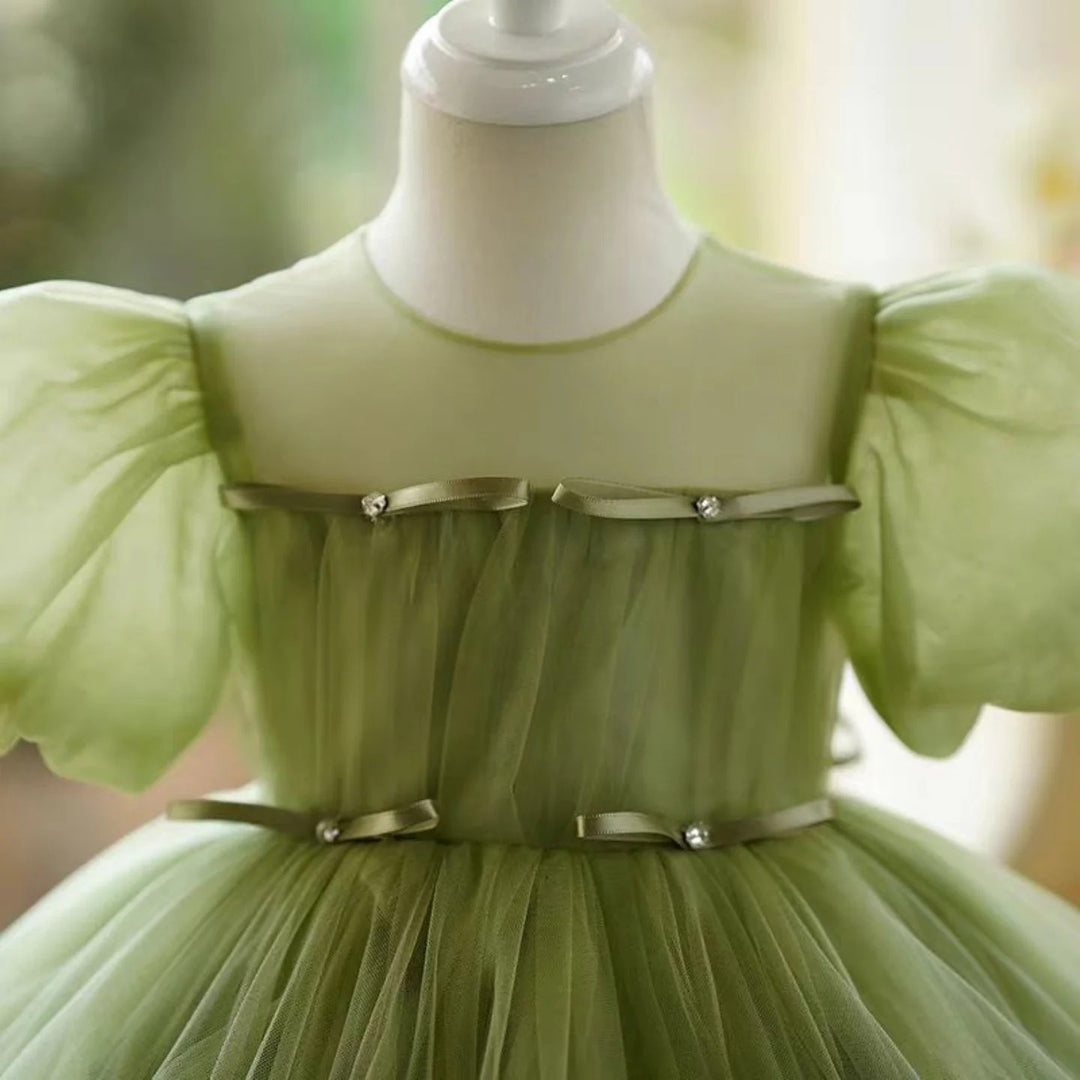 TinyTulle Sage Puff Sleeve Tulle Knee-Length Flower Girl Dress with Bow