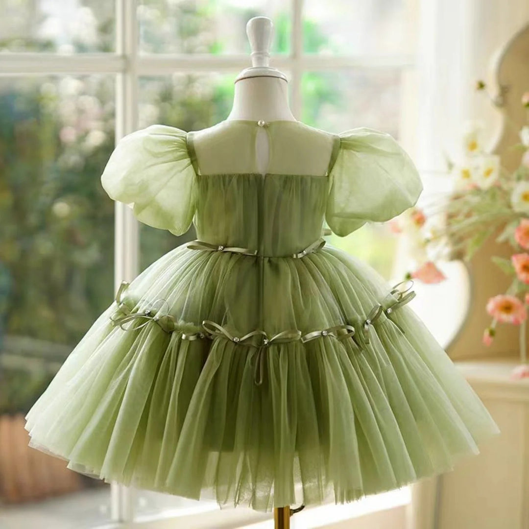 TinyTulle Sage Puff Sleeve Tulle Knee-Length Flower Girl Dress with Bow