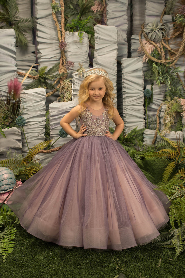 TinyTulle Elegant Purple Tulle Flower Girl Dress with Beaded Appliqués &amp; Bow