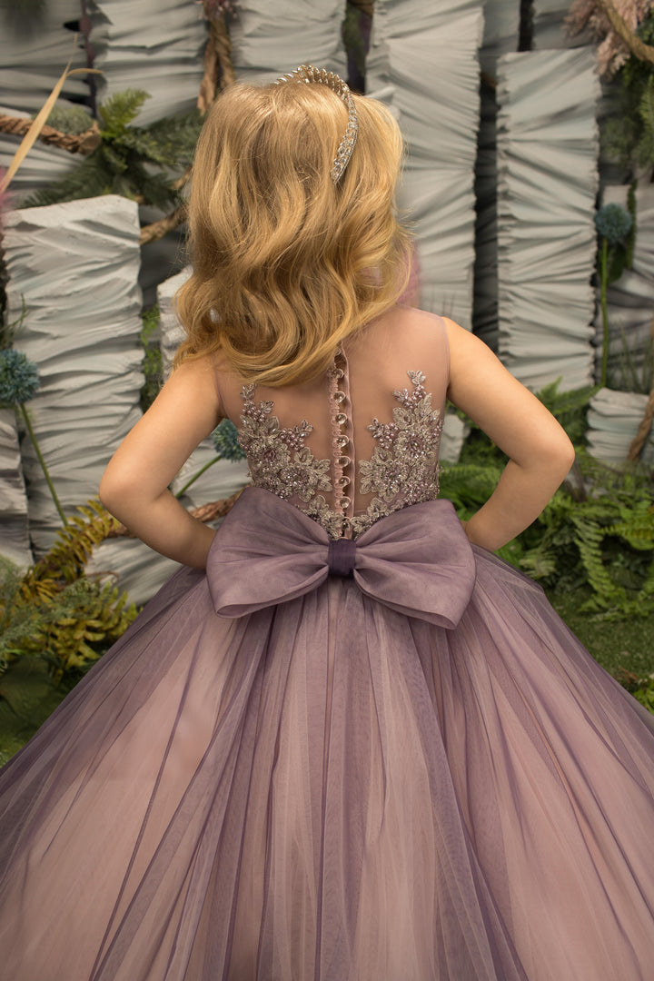 TinyTulle Elegant Purple Tulle Flower Girl Dress with Beaded Appliqués &amp; Bow
