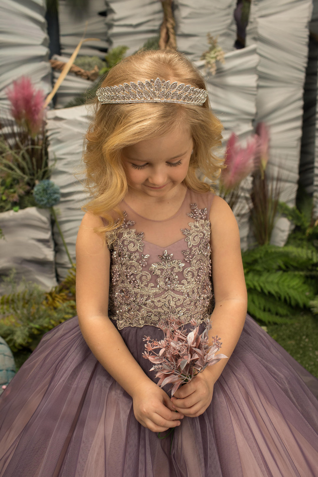 TinyTulle Elegant Purple Tulle Flower Girl Dress with Beaded Appliqués &amp; Bow