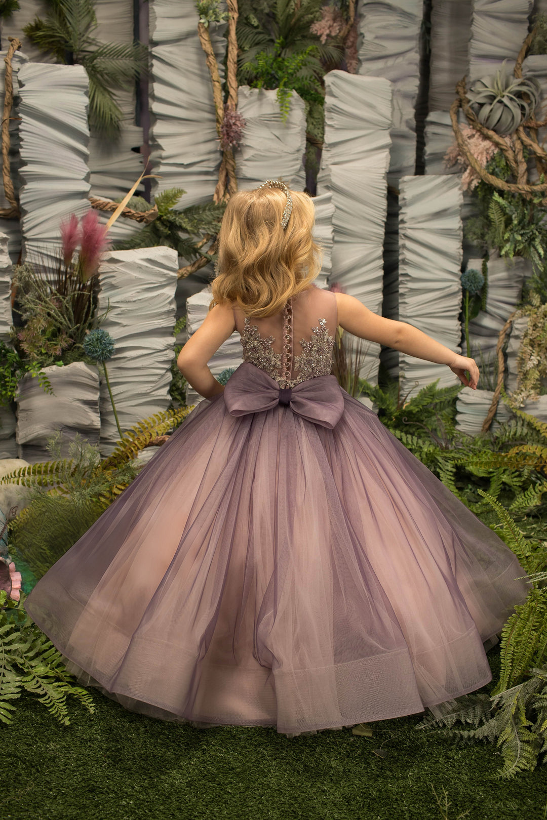TinyTulle Elegant Purple Tulle Flower Girl Dress with Beaded Appliqués &amp; Bow
