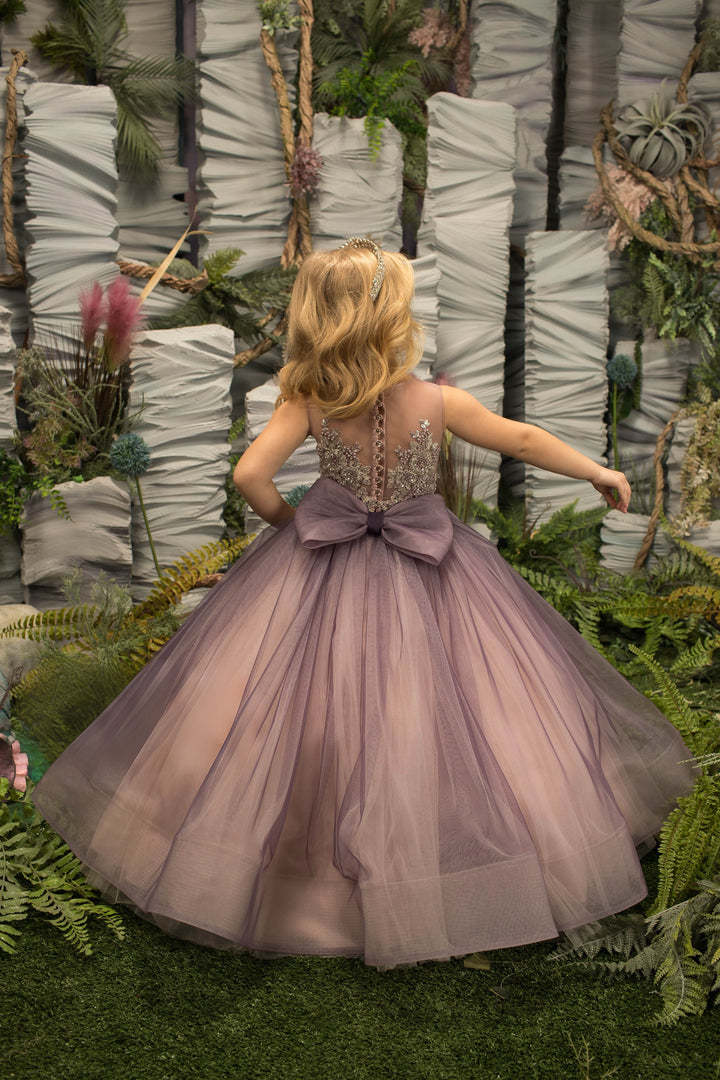 TinyTulle Elegant Purple Tulle Flower Girl Dress with Beaded Appliqués &amp; Bow