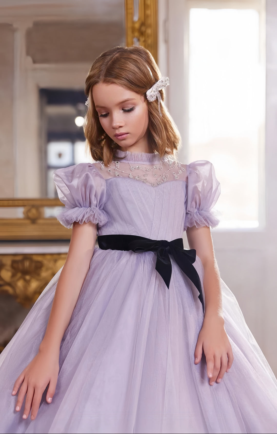 TinyTulle Elegant Lilac Tulle Flower Girl Dress with Puff Sleeves &amp; Black Velvet Sash
