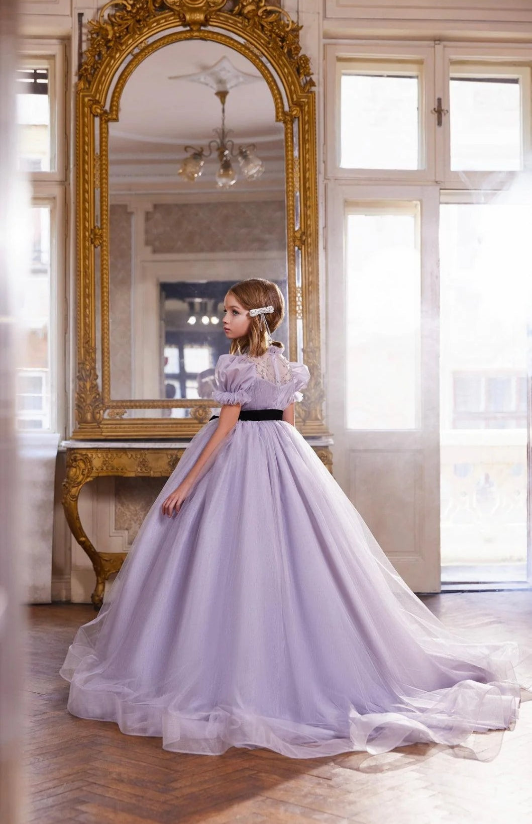 TinyTulle Elegant Lilac Tulle Flower Girl Dress with Puff Sleeves &amp; Black Velvet Sash