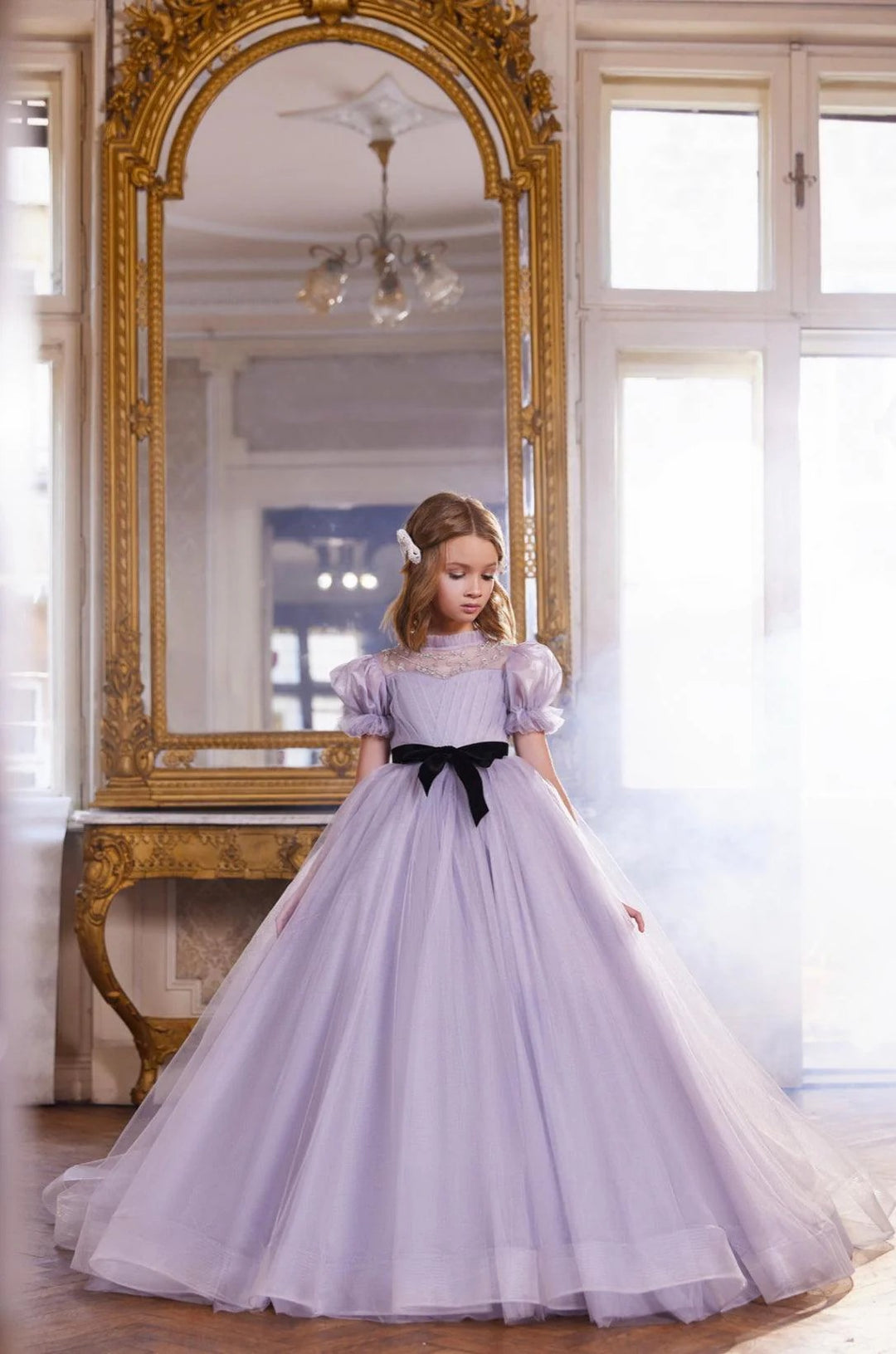 TinyTulle Elegant Lilac Tulle Flower Girl Dress with Puff Sleeves &amp; Black Velvet Sash