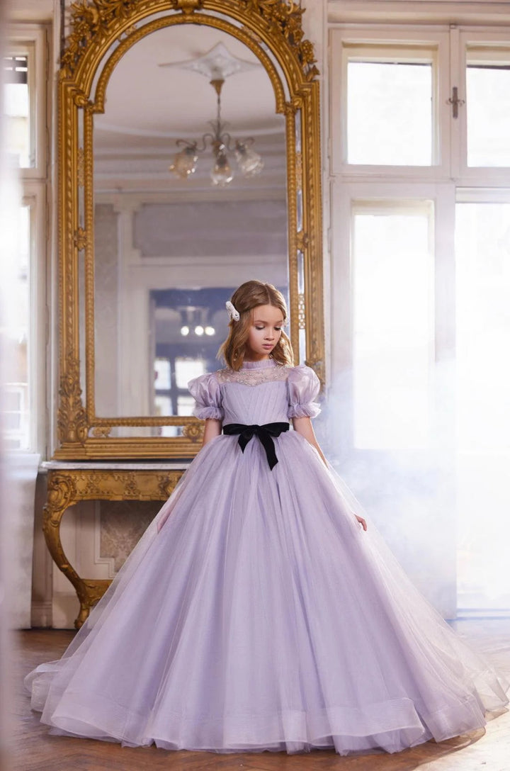 TinyTulle Elegant Lilac Tulle Flower Girl Dress with Puff Sleeves &amp; Black Velvet Sash