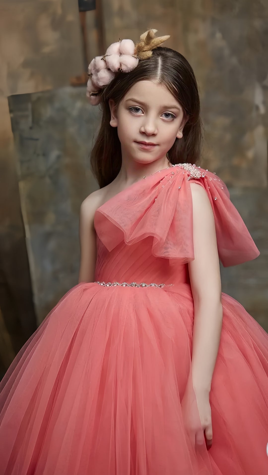 TinyTulle Elegant One-Shoulder Sleeveless Tulle Flower Girl Ball Gown with Crystal Belt