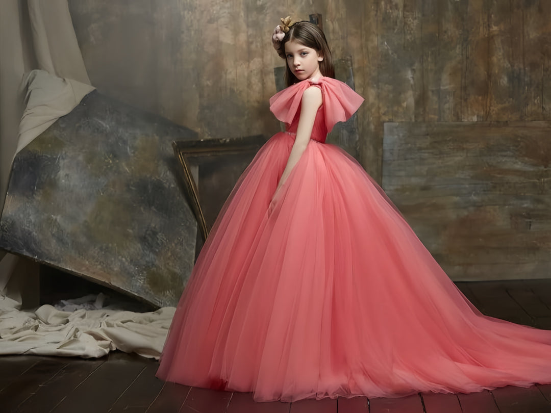 TinyTulle Elegant One-Shoulder Sleeveless Tulle Flower Girl Ball Gown with Crystal Belt