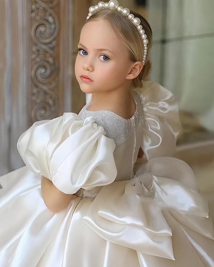 TinyTulle Luxurious Satin Puffy Sleeve Flower Girl Dresses for Birthday Wedding