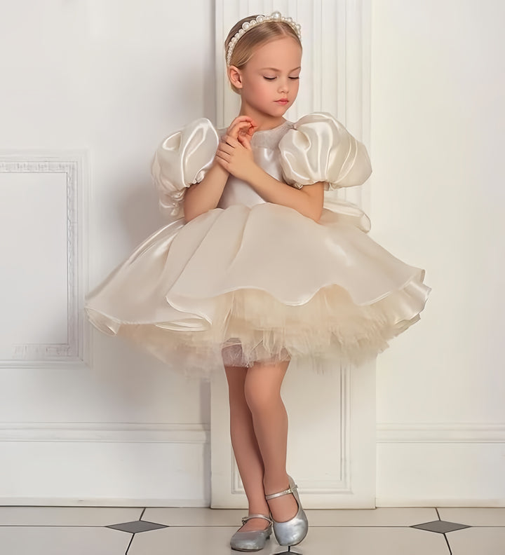 TinyTulle Luxurious Satin Puffy Sleeve Flower Girl Dresses for Birthday Wedding