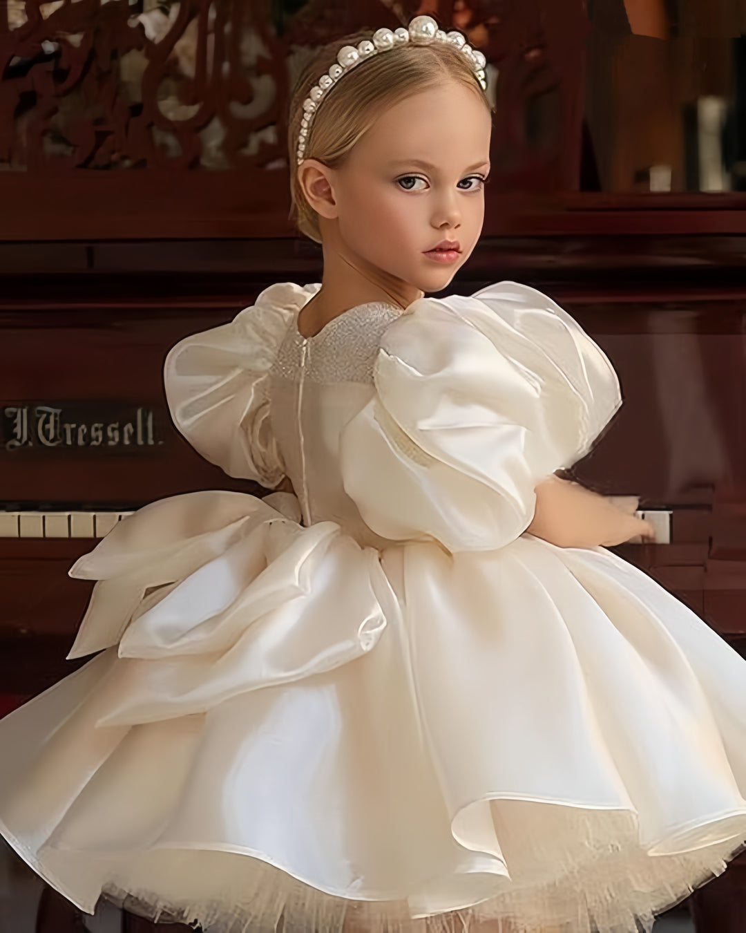 TinyTulle Luxurious Satin Puffy Sleeve Flower Girl Dresses for Birthday Wedding