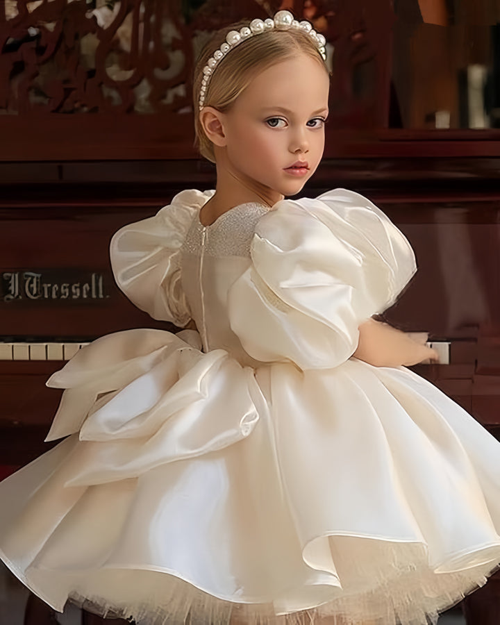 TinyTulle Luxurious Satin Puffy Sleeve Flower Girl Dresses for Birthday Wedding