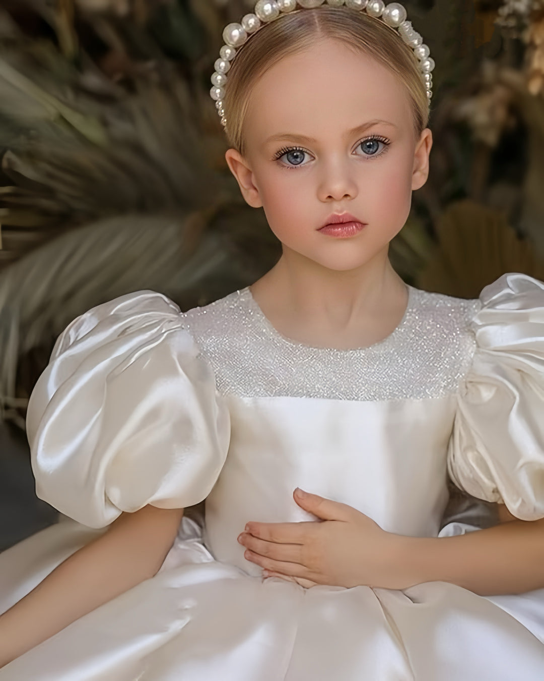 TinyTulle Luxurious Satin Puffy Sleeve Flower Girl Dresses for Birthday Wedding