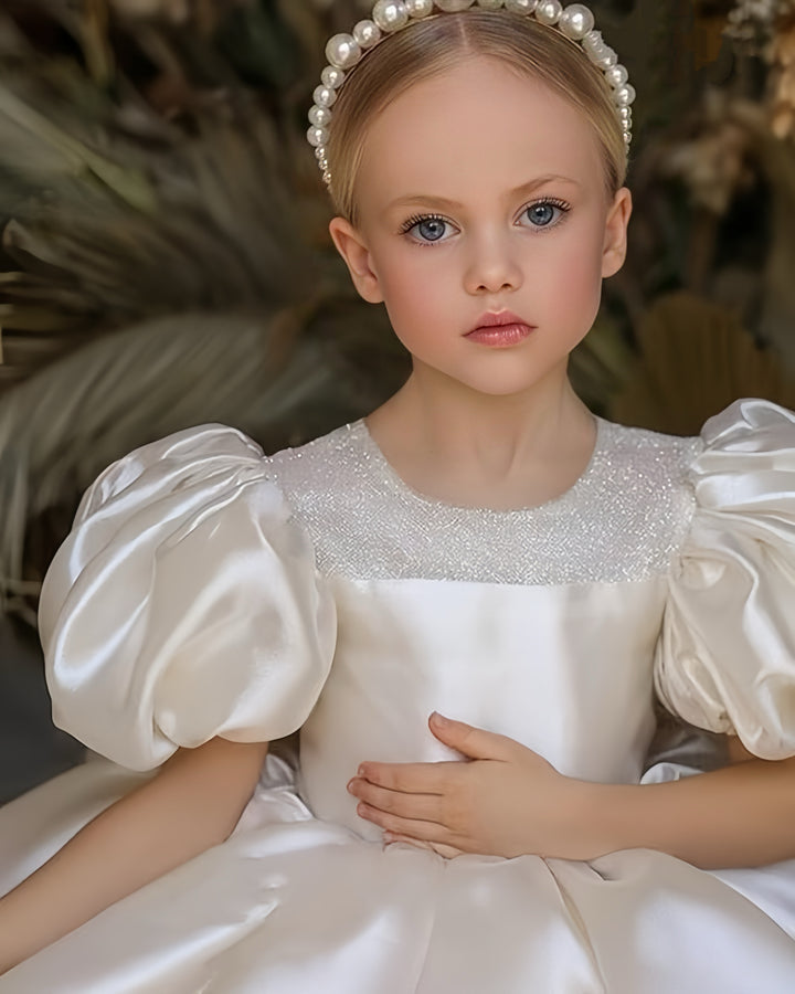 TinyTulle Luxurious Satin Puffy Sleeve Flower Girl Dresses for Birthday Wedding