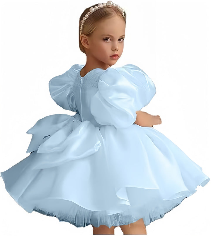 TinyTulle Luxurious Satin Puffy Sleeve Flower Girl Dresses for Birthday Wedding