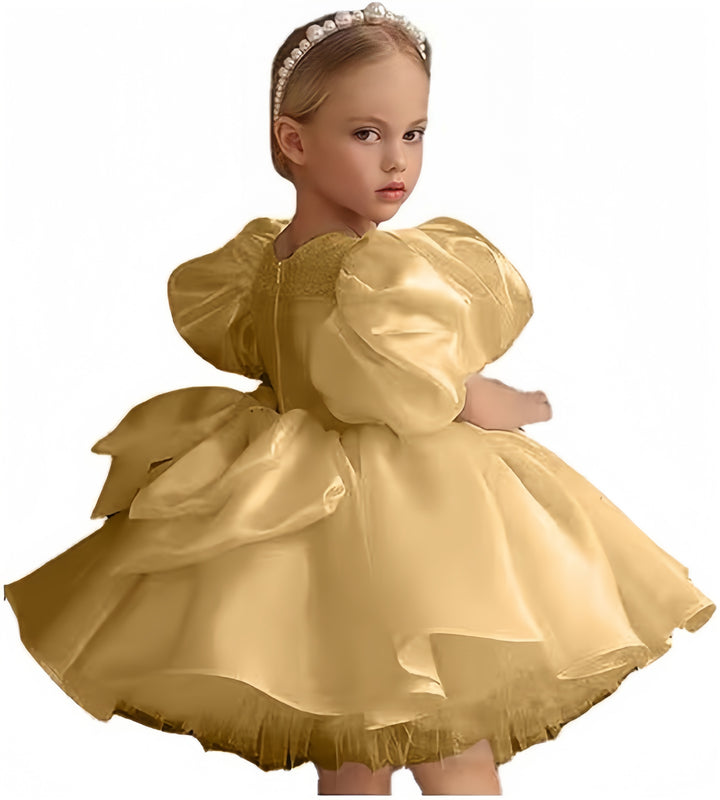 TinyTulle Luxurious Satin Puffy Sleeve Flower Girl Dresses for Birthday Wedding