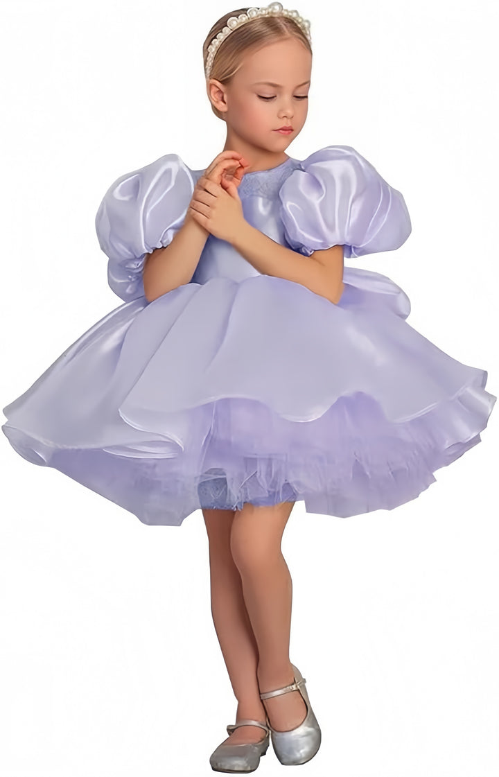 TinyTulle Luxurious Satin Puffy Sleeve Flower Girl Dresses for Birthday Wedding