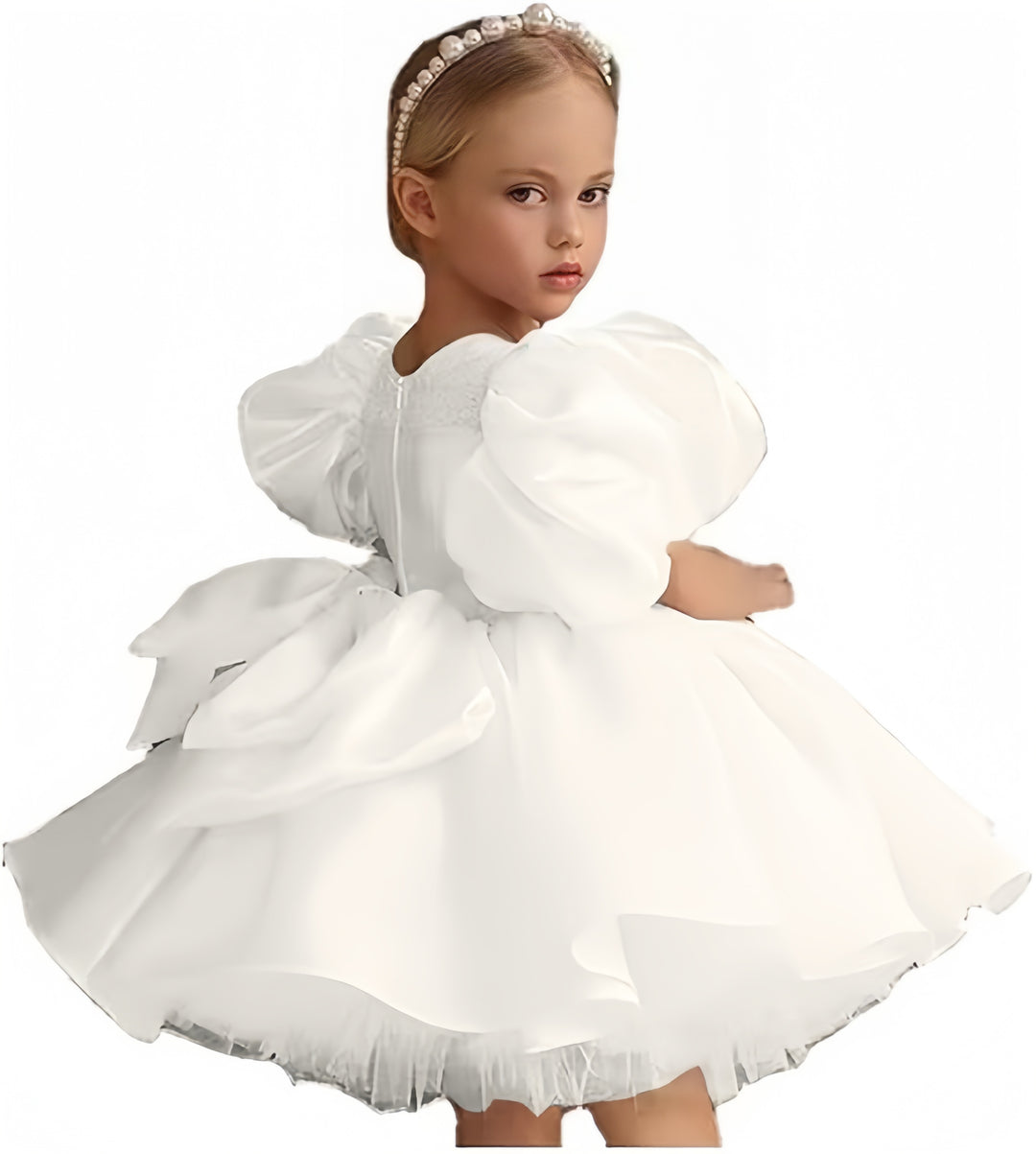 TinyTulle Luxurious Satin Puffy Sleeve Flower Girl Dresses for Birthday Wedding