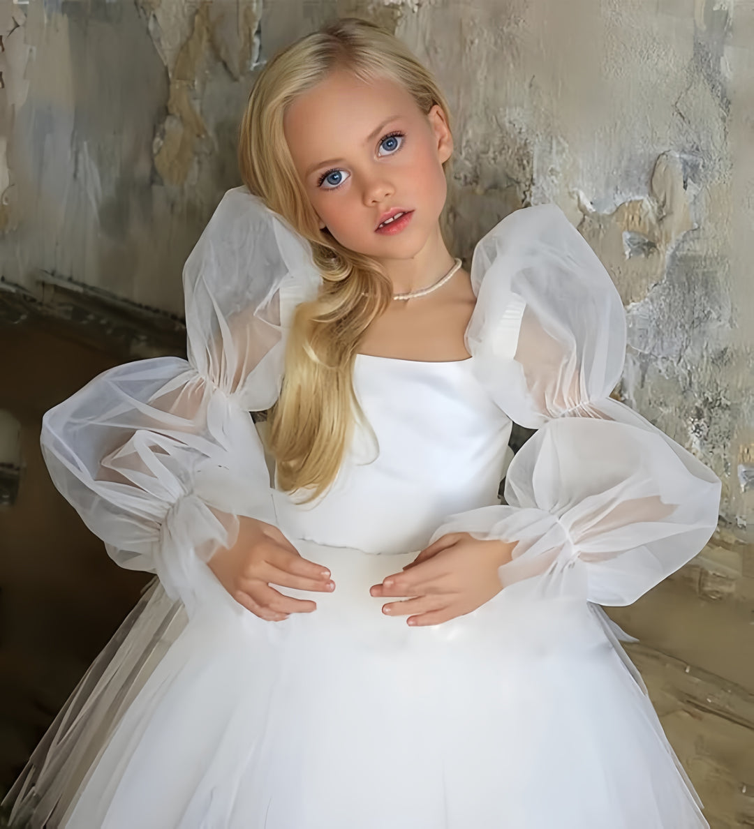 TinyTulle Elegant Long Sleeve Tulle A-Line Flower Girl Dress for Special Occasions