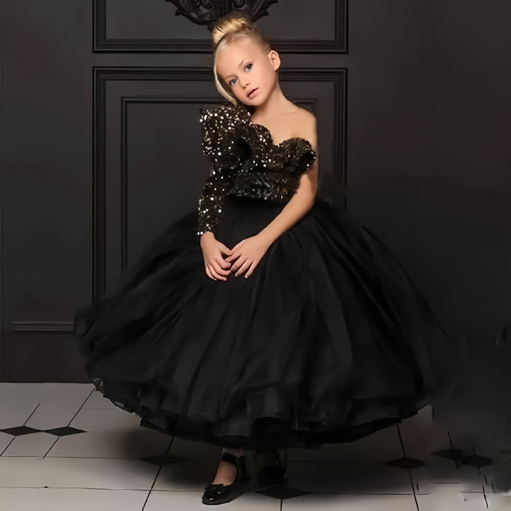 TinyTulle Black One-Shoulder Sequin Tulle Ball Gown Flower Girl Dress with Long Sleeve