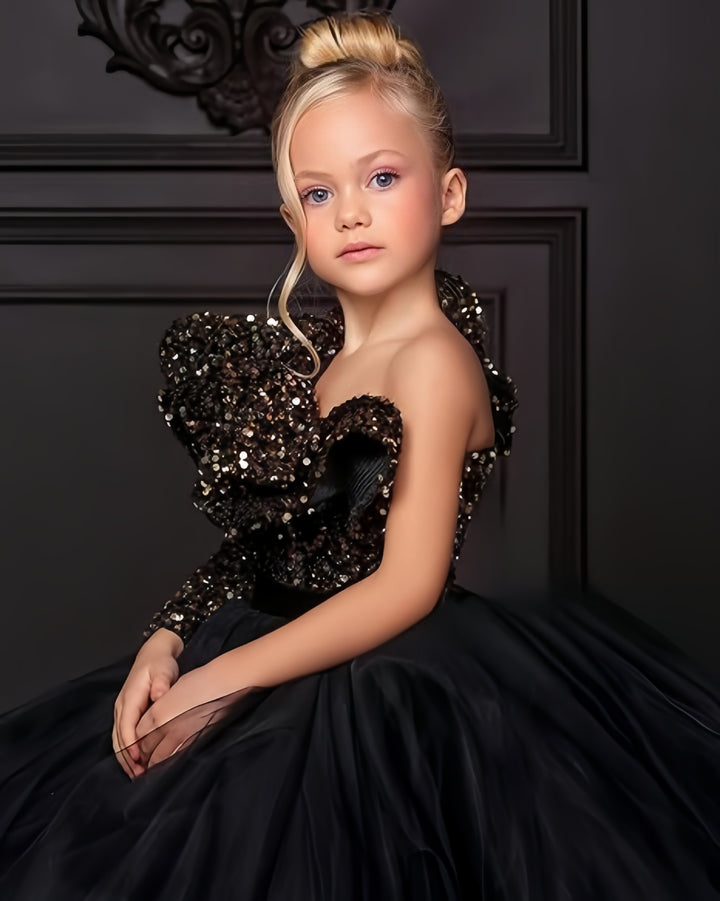 TinyTulle Black One-Shoulder Sequin Tulle Ball Gown Flower Girl Dress with Long Sleeve