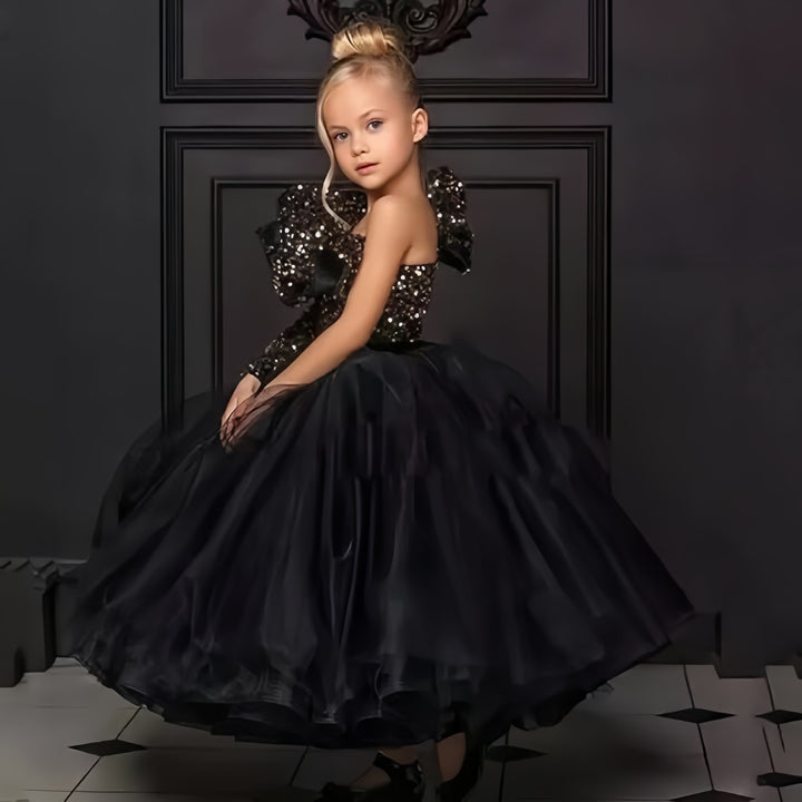 TinyTulle Black One-Shoulder Sequin Tulle Ball Gown Flower Girl Dress with Long Sleeve
