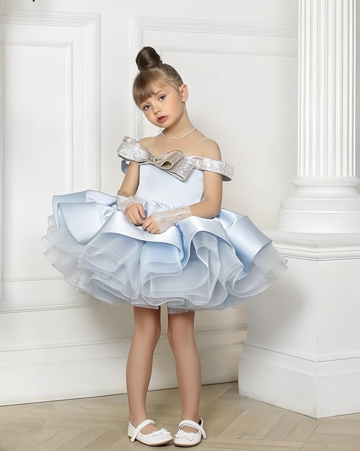 TinyTulle Off-Shoulder Satin Knee-Length Flower Girl Ball Gown Dress