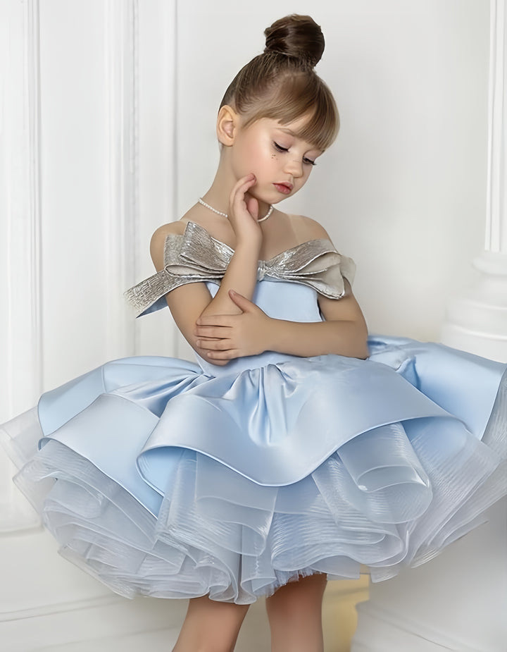 TinyTulle Off-Shoulder Satin Knee-Length Flower Girl Ball Gown Dress
