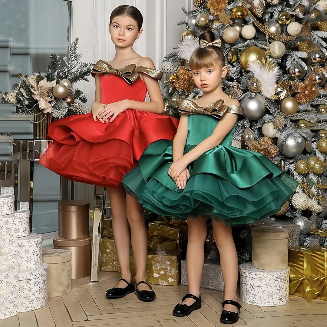 TinyTulle Off-Shoulder Satin Knee-Length Flower Girl Ball Gown Dress