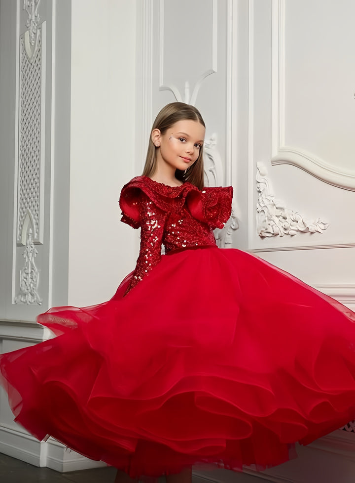 TinyTulle Elegant Red One-Shoulder Sequin Tulle Ball Gown Flower Girl Pageant Dress