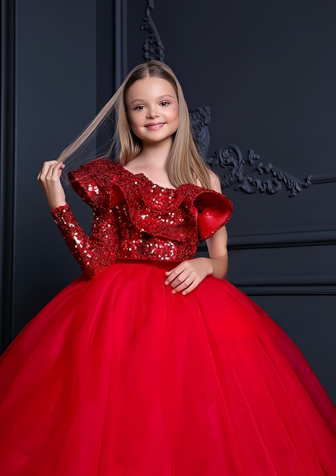TinyTulle Elegant Red One-Shoulder Sequin Tulle Ball Gown Flower Girl Pageant Dress