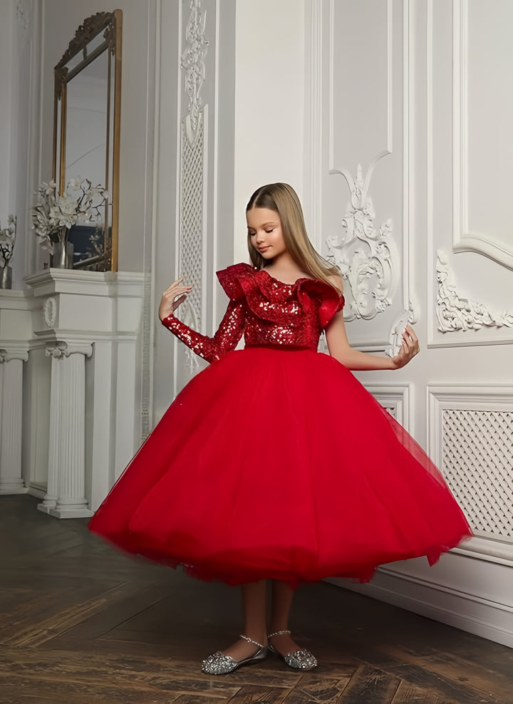 TinyTulle Elegant Red One-Shoulder Sequin Tulle Ball Gown Flower Girl Pageant Dress