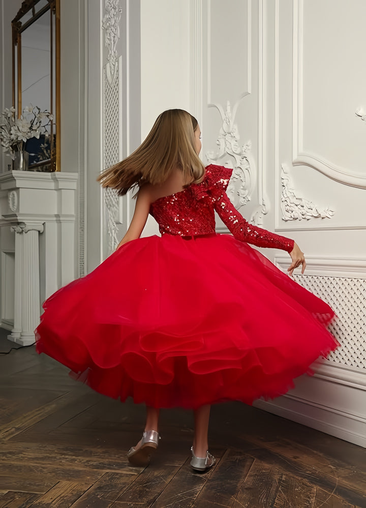 TinyTulle Elegant Red One-Shoulder Sequin Tulle Ball Gown Flower Girl Pageant Dress