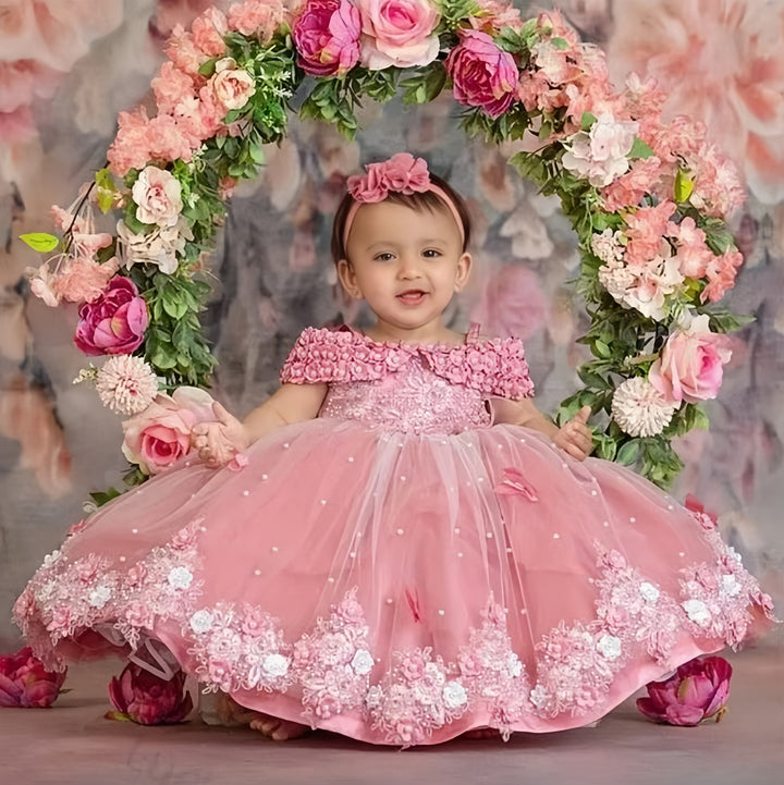 TinyTulle Exquisite Off-Shoulder Ball Gown Baby Toddler Girl Dress for Birthday Parties