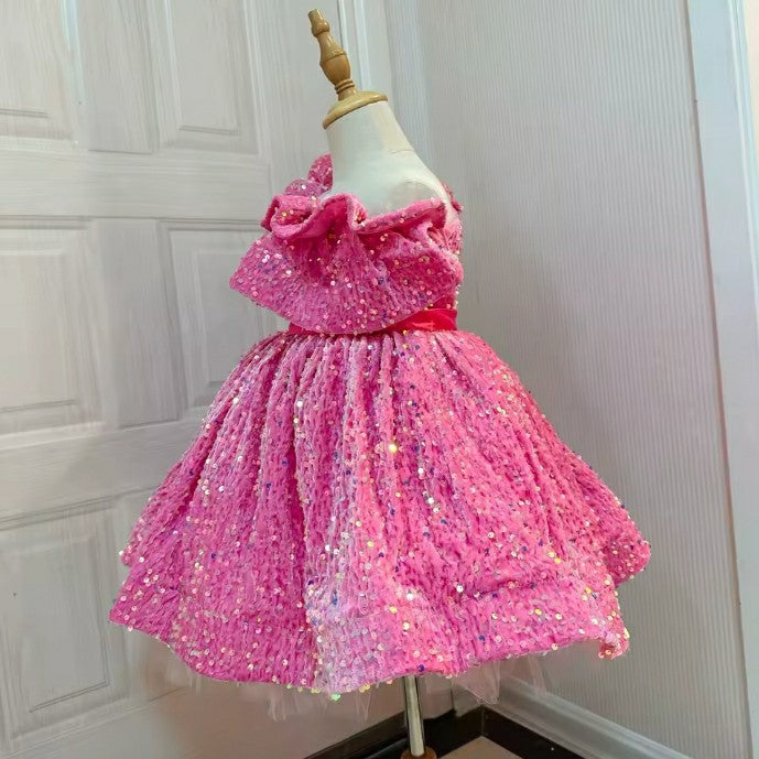 TinyTulle Sparkling Hot Pink Sequin Flower Girl Dress with Ruffle Off Shoulder Design