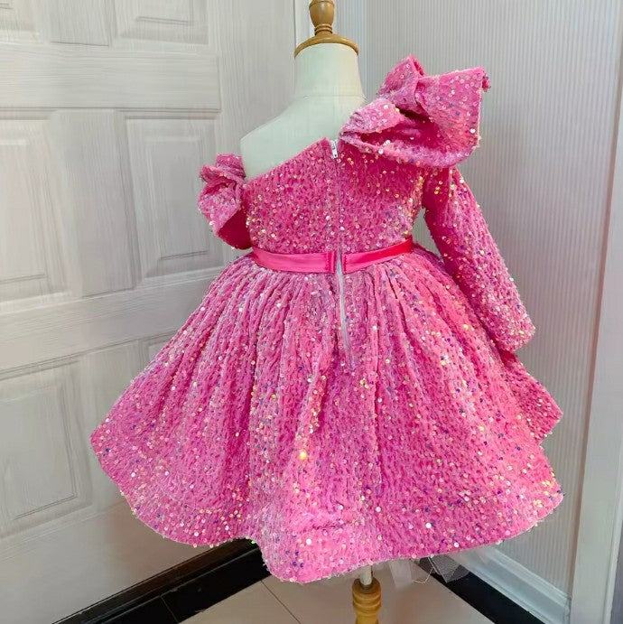TinyTulle Sparkling Hot Pink Sequin Flower Girl Dress with Ruffle Off Shoulder Design